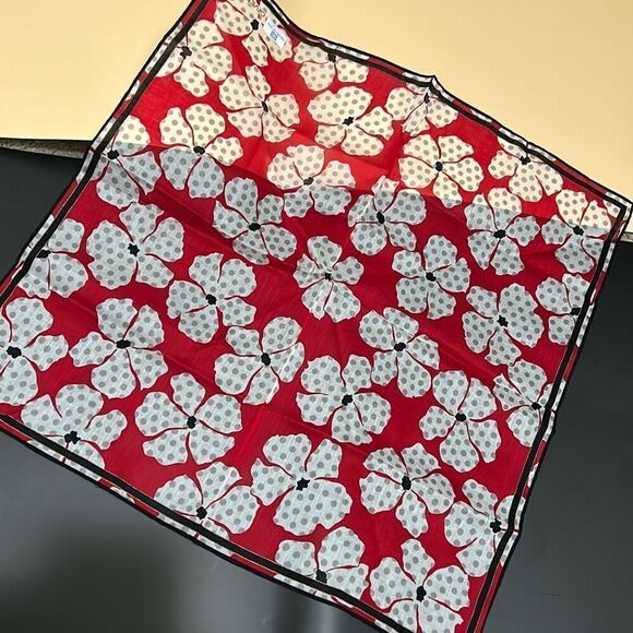 Givenchy 18x18 Cotton Square Scarf Red Floral Whimsical Preppy Twee Polka Dot - Picture 4 of 7